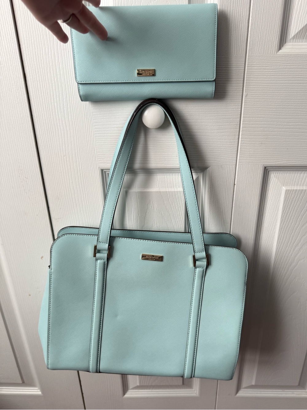 kate spade light blue leather tote with matching wallet